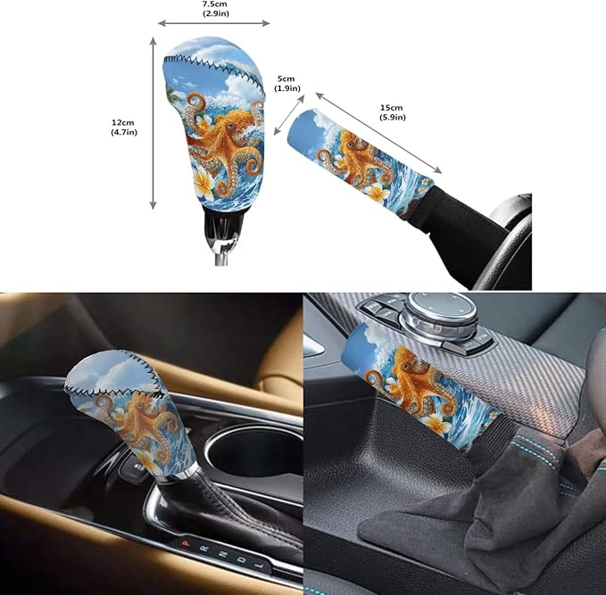 Forchrinse 15Pcs Car Seat Cover Hawaiian Octopus Front Back Seat Protector with Steering Wheel Cover+Seatbelt Pads+Coaster+Handbrake Gearshift Cover+Auto Trash Can for Most Vehicles