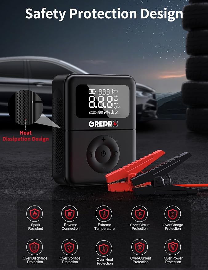 GREPRO Jump Starter with Air Compressor, 5000A Battery Jumper Starter Portable(10.0L Gas/8.0L Diesel),150PSI Tire Inflator 12V Car Battery Booster with Jumper Cables, Digital Display, LED Flashlight
