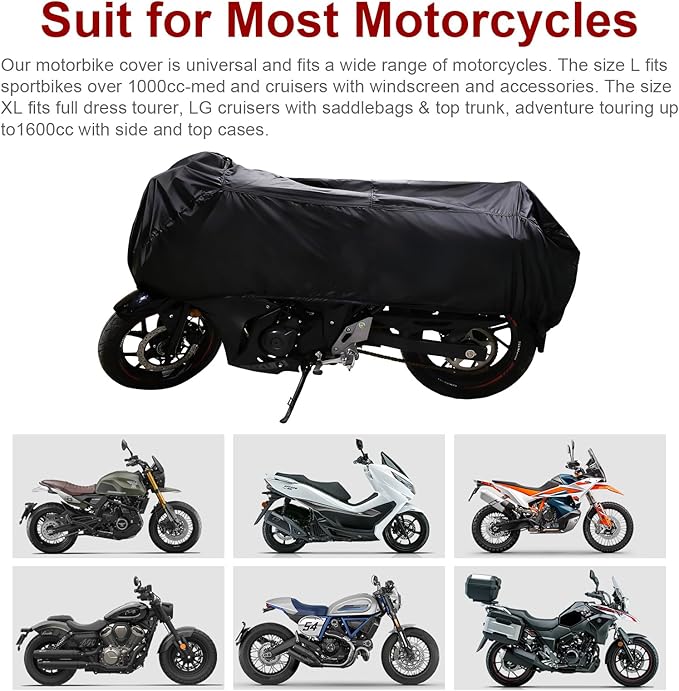 Dream Apparel Motorcycle Half Cover, Waterproof Motorcycle Cover for Outdoor, Rain Snow Dust Protection Universal Fit Heavy Duty Motorbike Vehicle Cover with Storage Bag, Black XL