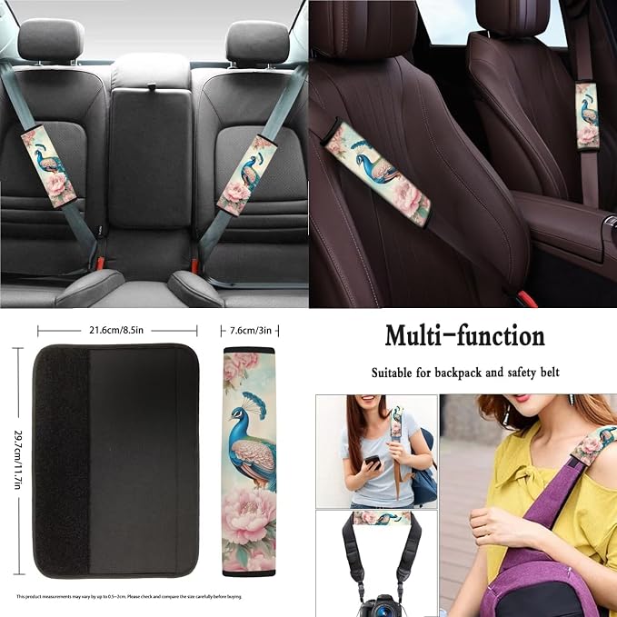 Suobstales Peacock Flower Print Car Accessories with Car Front Rear Split Seat Covers, Seat Belt Pads + Steering Wheel Cover + Coaster + Keyrings for Women Set of 11-Pcs