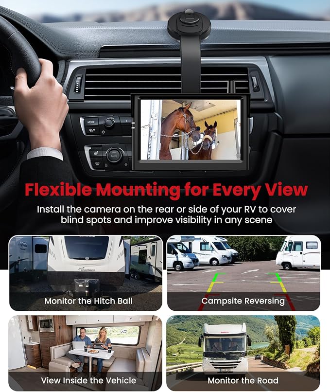 Solar Magnetic Wireless Backup Camera with a Bendable Suction Cup Bracket: Place the Monitor Anywhere You Want Without Obstructing Your View, 7.2" HD 16:9 Monitor, Receive Reliable Customer Service