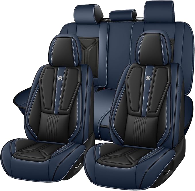 Arazi Fit for 98% of Mazda Seat Covers, 360° Full Wrap Original Seat Cover, Waterproof Nappa Leather Seat Covers with Big Space Storage Pocket Seat Protector（5 Seats Standard, Black&Blue）