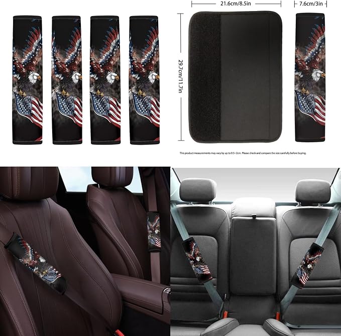 18 Pcs American Flag Car Seat Covers Full Set Eagle Steering Wheel Cover+Center Console Pad+Armrest Cover+Seat Safety Belt Pad+Seatbelt Covers+Cup Mats+Keychain,Car Interior Accessories