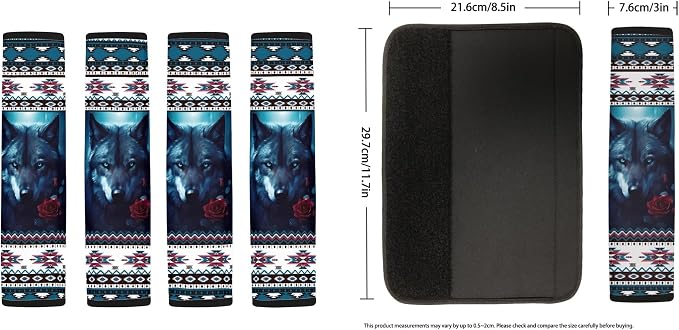 Aztec Wolf Seat Covers Full Set with Western Steering Wheel Cover, Shoulder Pads, Tribal Seat Covers Car Accessories Universal Fit for Most Cars, Blue