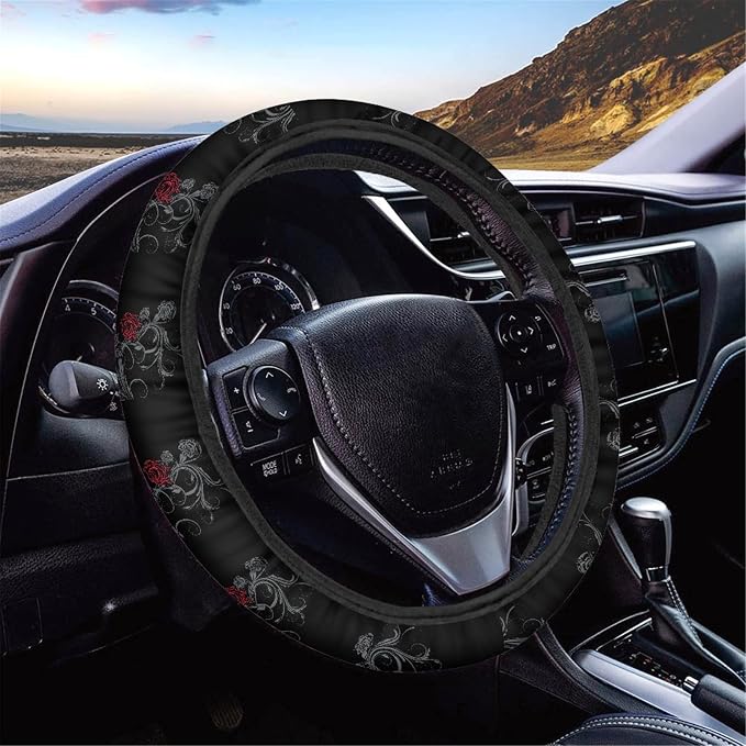 Ystardream Goth Rose Automotive Seat Covers for Women Men Dark Style Front and Rear Bench Back Seat Cover Set with Steering Wheel Cover/Seat Belt Cover Universal Protector Covers