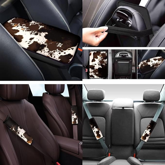 Brown Cow Print 12 Pack Car Seat Covers Full Set with Steering Wheel Accessories Car Seat Belt Cover Arm Rest Cover Car Cup Coasters Universal Fit for Most Cars,SUVs