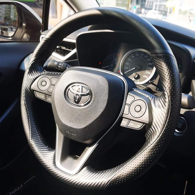 Matte Black Carbon Fiber & Nappa Leather Interior Accessories Steering Wheel Cover Hand-Stitch on Wrap Fit for Toyota RAV4 SUV 2019-2021 / Avalon 2019-2021 / Camry 2018-2021 / Corolla 2020-2021