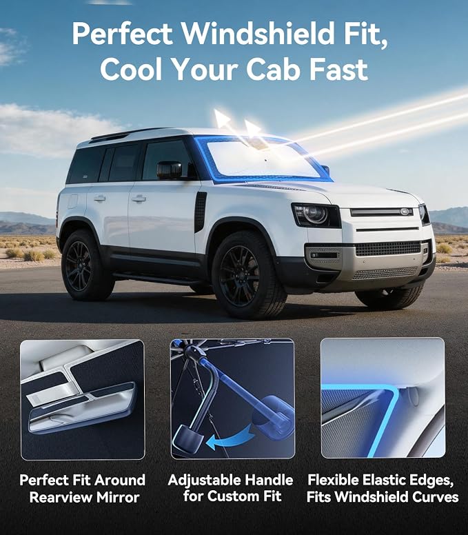 Nmoiss [Vinyl Coating Heat Shield] Windshield Sun Shade Umbrella Custom for Land Rover Defender, Protect Car from Sun Rays & Heat Damage Keep Cool and Protect Interior
