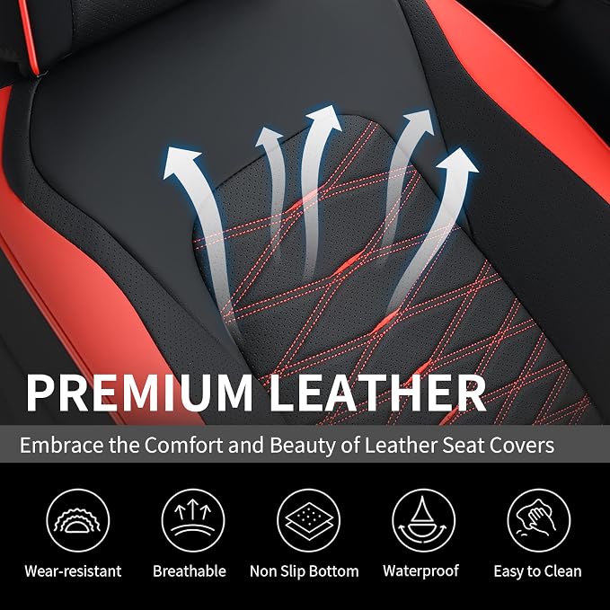 FLORICH Leather Seat Covers, Car Seat Covers Full Set, Car Seat Protector Waterproof, Front and Rear Seat Covers for Cars, Automotive Seat Covers Universal Fit for Most Cars SUV Truck - Red&Black