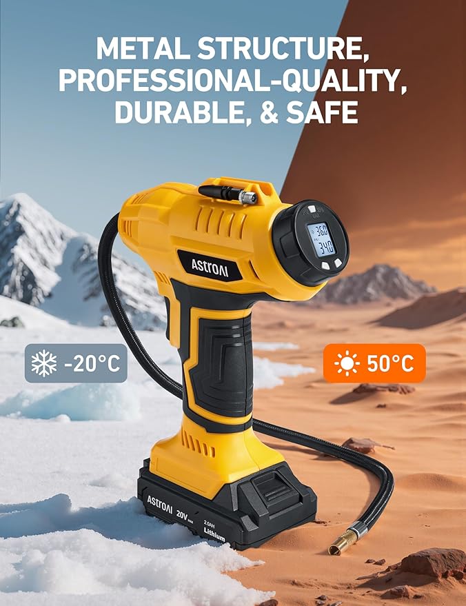 AstroAI Cordless Tire Inflator Air Compressor 20V Rechargeable Battery Powered 160PSI Portable Air Pump with 12V Car Power Adapter Digital Pressure Gauge for Cars Motorcycles （C2）Yellow