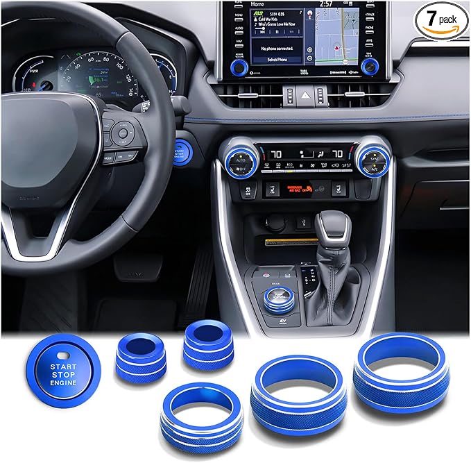 for Toyota RAV4 Hybrid/Plug-in Hybrid Accessories 2019 2020 2021 2022 2023 2024 2025, 7-Piece Aluminum Alloy Knob Cover Trim Kit - Push Start Button, AC, Volume & Drive Mode (Blue)