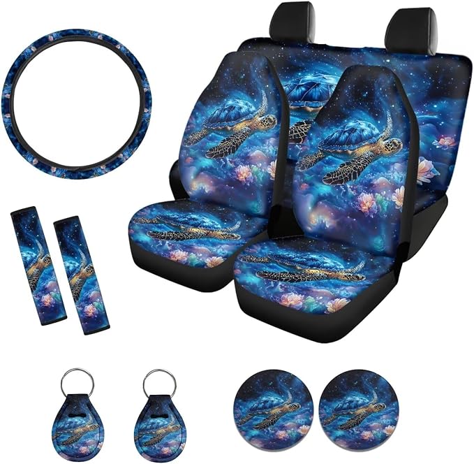 Suobstales Galaxy Turtle Flower Print Car Seat Covers 11 Pcs Car Accessories Interior Set Auto Front Rear Split Seats Protectors with Steering Wheel Cover, Seatbelt Pads, Cup Holder, Keychain
