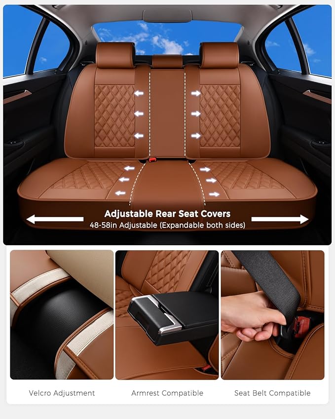 Huidasource Brown Back Seat Covers, Nappa Leather Rear Seat Covers Velcro Adjustable, Compatible with Seat Belts, Child Safety Seats, Universal Fit for Most Cars SUVs Trucks (Back Row/Brown)