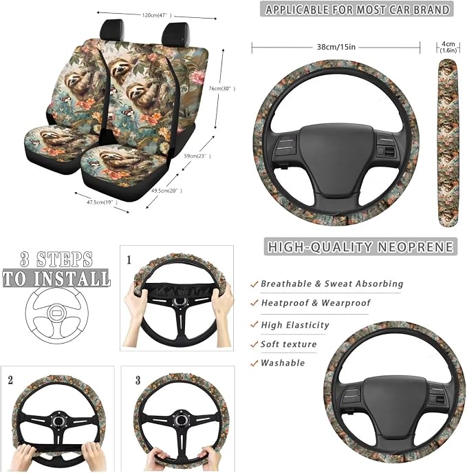 Suobstales Sloth Butterfly Flower Print 13 Pieces Car Seat Cover Set with Steering Wheel Cover/Seat Belt Pads/Car Trash Bin/Cup Coasters/Keychains/Rearview Mirror Cover Universak for SUV Truck Sedan