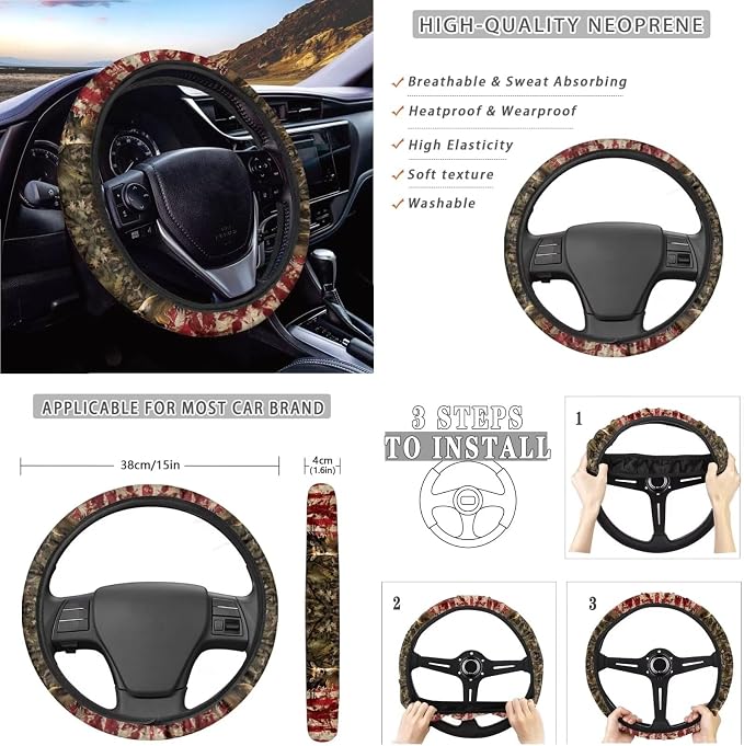 Suobstales Deer Camo Print Car Seat Covers Full Set for Women Men Retro American Flag Seat Cover Protector Auto Decorative with Steering Wheel Cover +Seat Belt Covers +Coasters +Keychains