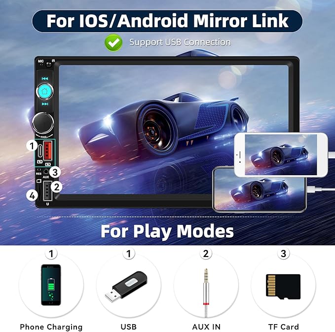 CAMECHO Double Din Car Stereo Radio 7 Inch MP5 Player with HD Touch Screen Multimedia Player with Bluetooth FM Receiver Support Mirrorlink SWC Type C AUX-in USB SD UI ColorLights