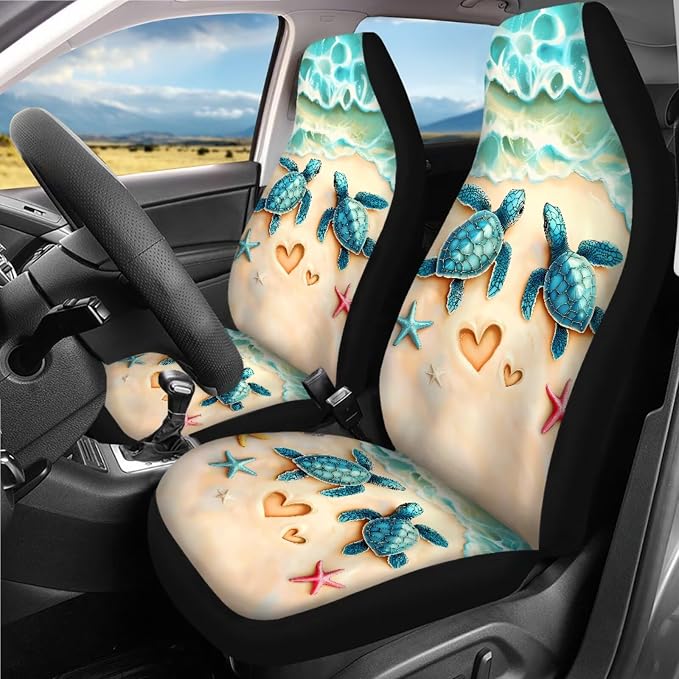 Beach Sea Turtl Car Seat Covers Full Sets 18 Pack Universal Car Interior Accessories Sets Sea Turtle Steering Wheel Car Covers Anti Slip Cute Car Trash Can Car Headrest Covers Seat Belt Cover