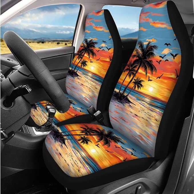 BIGCARJOB Hawaii Palm Car Seat Covers Set for Front and Rear 12 Pcs Car Interior Accessories Full Set with Console Cover,Steering Wheel Covers,Seat Belt Pads