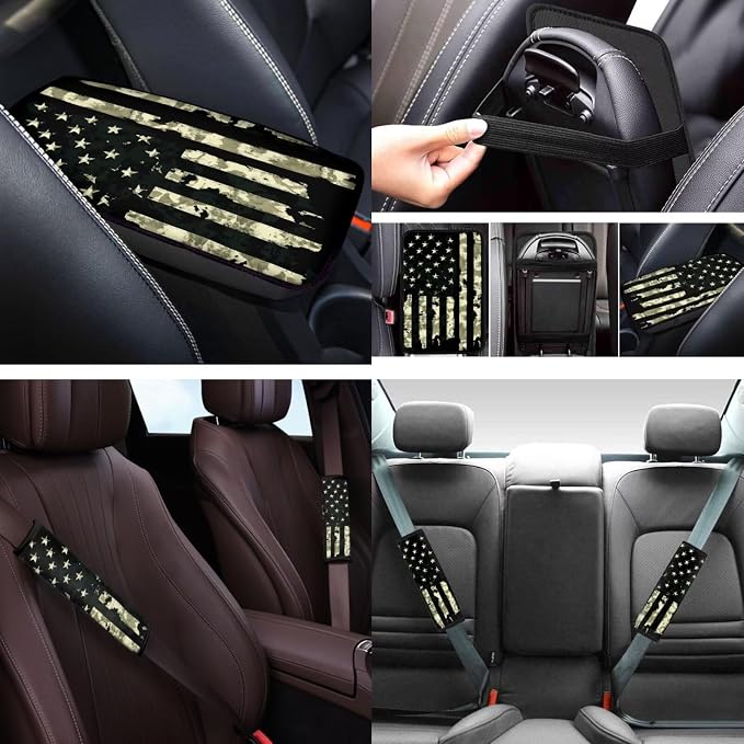 Camouflage Flag Car Seat Covers Full Set 12 Pack with Steering Wheel Cover,Seat Belt Covers Cup Holder with Keychain,Novelty Automotive Protector Set Unverisal Fit Cars SUV