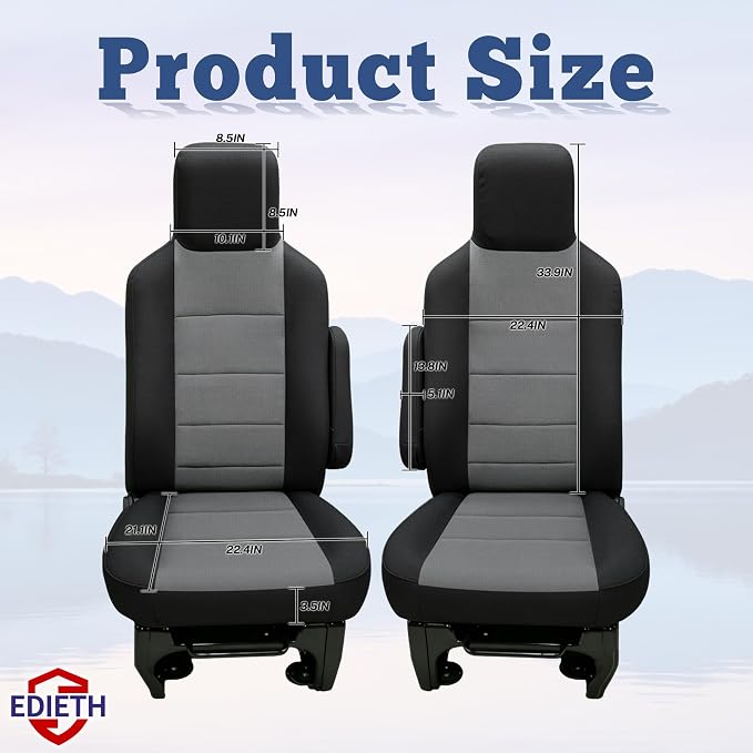 Heavy Duty Composite Fabric Protection Front Seat Covers for Ford E-150/E-250/E-350 Van 2009-2014 E-Series Cutaway/Stripped Chassis 2015-2026 High Back Bucket Seats Molded Headrest - Gray