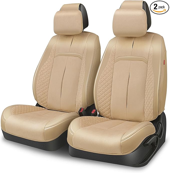 Auto Dynasty Car Seat Covers Front Set, Anti-Slip Automotive Interior Covers with Storage Pocket, Breathable Car Seat Protectors, Airbag Compatible, Universal Fit Most Vehicles, Beige (Voris Series)