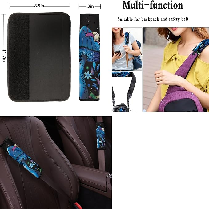 Galaxy Mushroom Car Seat Covers Tripped Mushroom Snail Seat Cover for Front &Rear,with Hippie Mushroom Coasters,2 Pcs Seatbelt Pad,15 Inch Steering Wheel Covers,Keychains Fit Most Vehicles