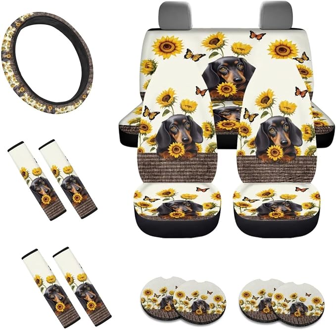 Dachshund Sunflower Butterfly Pattern Car Accessories Pack of 13, Front and Rear Seat Covers Full Set, 1 Steering Wheel Cover 4 Safe Belt Covers 4 Coasters Universal Fit for Auto SUV Truck