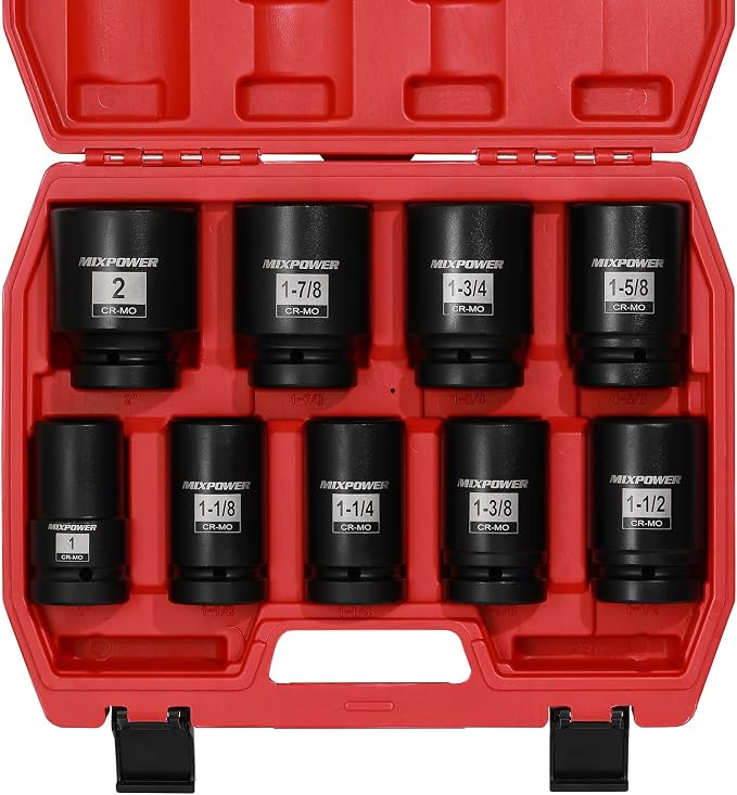 MIXPOWER 9PCS 1"Drive Impact Deep Socket Set, 6 Point, 1" - 2", CR-MO, SAE, Deep, 1" Dr. Deep Spindle Axle Nut Impact Socket Set