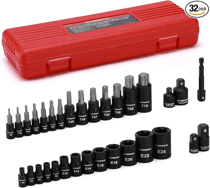 CASOMAN 32-Piece Torx Bit Socket and Female External Socket Set, 14 Star Bits (T8- T70) and 13 Female E-Torx Sockets (E4-E24), Include 5 Impact Socket Adapter