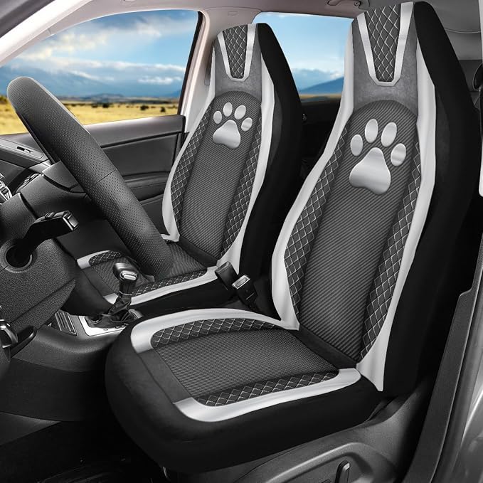 Howilath Sliver Dog Paw Print Car Seat Covers/Steering Wheel Cover/Seatbelt Pads/Coasters/Keychain/Armrest Cushion, 10pcs Auto Interior Accessories