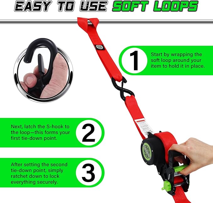 Retractable Ratchet Straps (2pk) -Patented | 1.5 in x 16 ft Heavy Duty Auto Ratchet Straps with Soft Loops | Perfect Automatic Tie Downs for Motorcycle,Kayak and Truck | Break Strength 5,000LBS/2268KG