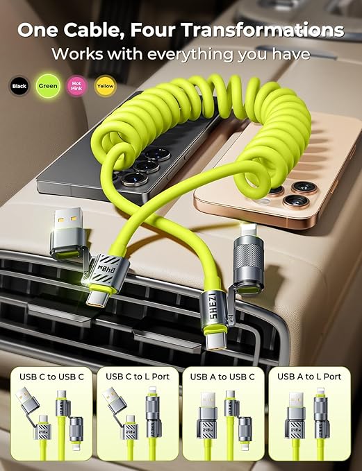 Coiled Green Cable 4-in-1 USB C Cable 240W Compatible with Lightning Cable Fast Charging & Data Transfer, Support to CarPlay & Android Auto, 5FT Multi Cord Combo Charger for iPhone/iPad