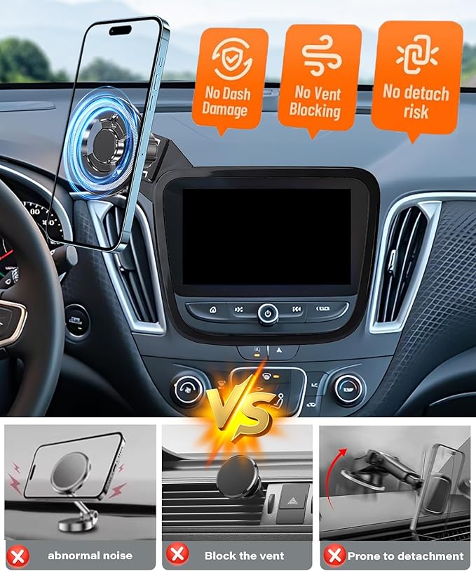 Magnetic Car Phone Mount for 2016-2025 Chevrolet Malibu/2018-2024 Equinox Accessories, for MagSafe Strong Magnets Cell Phone Holder 8-Inch Touch Screen Cradles, with Portable Phone Gripper