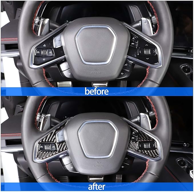 Steering Wheel Button Cover Compatible with Chevrolet Corvette C8 2020-2023, Steering Wheel Frame Trim, Car Steering Wheel Panel Protection Frame Molding Sticker (Black carbon fiber sticker)