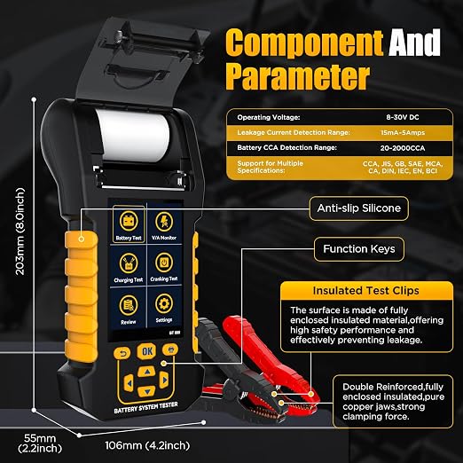 BT880 Car Battery Tester,12V/24V Battery Load Tester with Built-in Thermal Printer, 20-2000 CCA Testing,Cranking/Charging Test,Voltage/Current Monitor,Data Logging & Safety Protections