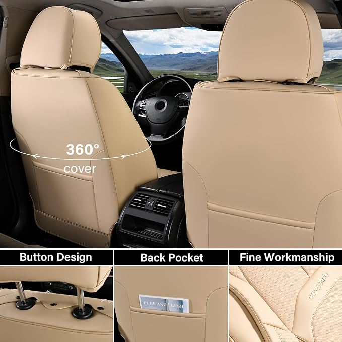 Coverado Car Seat Covers Full Set, Premium Nappa Leather Seat Covers for Car, Waterproof Car Seat Protector with Lumbar Support, Automotive Seat Covers Universal Fit for Most Cars SUV Truck(Beige)