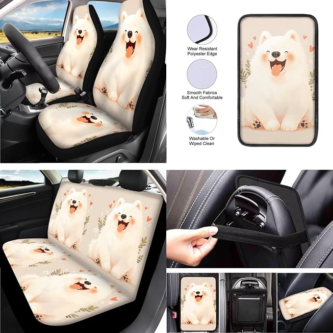 Cartoon Dog Car Seat Covers Set of 13, Lovely Samoyed Dog Steering Wheel Cover Watercolor Samoyed Armrest Cover Seatbelt Covers Cup Mats, Easy to Install Car Seat Cover Set
