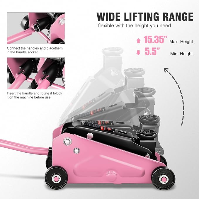 DNA Motoring Low Profile Hydraulic Trolley Service/Floor Jack, 1.5 Ton (3000 lbs) Capacity, Lifting Range 5.5"-15.35", Pink, TOOLS-00675-PK