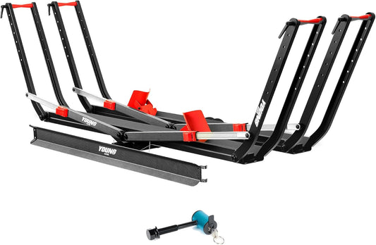 Young Heavy Duty Electric Bike Rack for Car SUV Truck RV, 2 Bike Hitch Mount Platform with Ramp, Fits Fat Tire up to 5", Foldable Ebike Carrier for Tow Hitch 2" Receiver, Scratch-Free, Quick Install