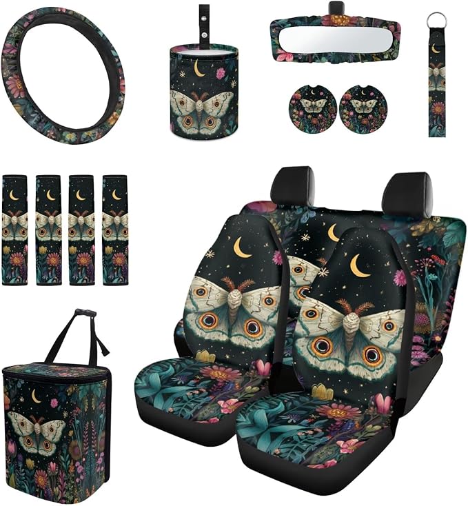 Moon Moth 15 PCS Car Seat Cover Full Set with Steering Wheel Cover Seat Belt Strap Pads Cup Coasters Trash Bag Rearview Mirror Cover Keychain Auto Interior Decor