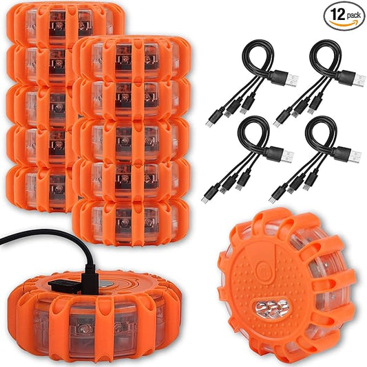 Ecoangel USB Rechargeable LED Road Flares Emergency Lights-Roadside Warning Car Safety Beacon Flashing Disc Flare Kit with Magnetic Base for Vehicles & Boat | 12 Beacon Disc Pack