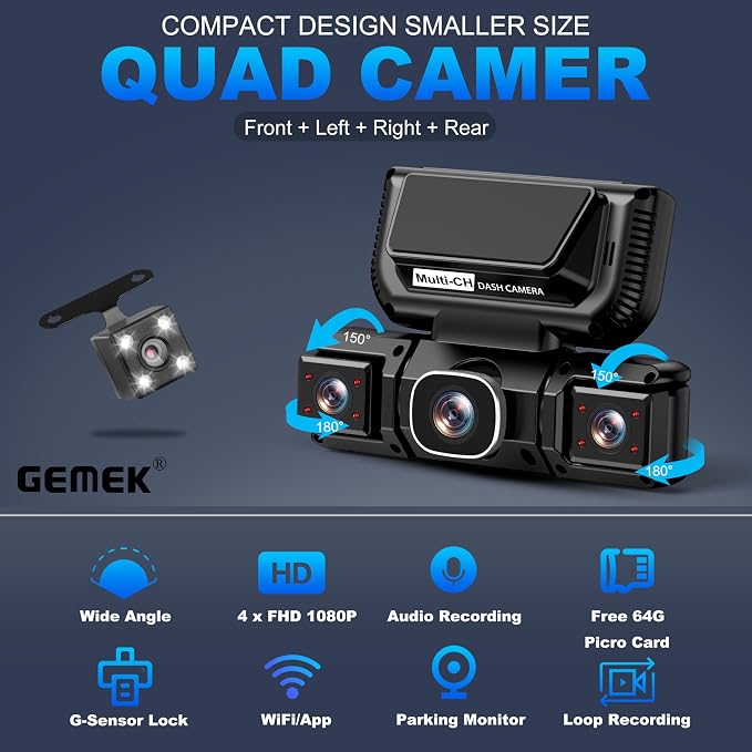 360 Degree View 4 Channel Dash Cam 5G WiFi & APP Control, GEMEK 2K Front and Rear Inside, Left Right Dash Camera for Cars Free 64GB TF Card, G-Sensor, Night Vision, 24H Parking Mode