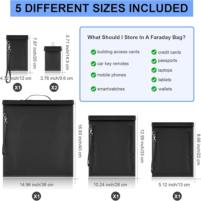 Shinylin 6 Pack Faraday Bags for Laptop Phone Car Key Tablet, Emp Proof Faraday Bags Waterproof Faraday Cage Device Signal Proof Faraday Blocker Pouch for Anti Theft Anti Tracking (Black)