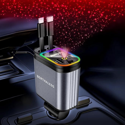 BERTHALESS Retractable Car Charger, 4 in 1 Fast Charging Car Charger USB-C & USB-A Compatible with iPhone 16/15/14/13/12/11,Galaxy,Pixel