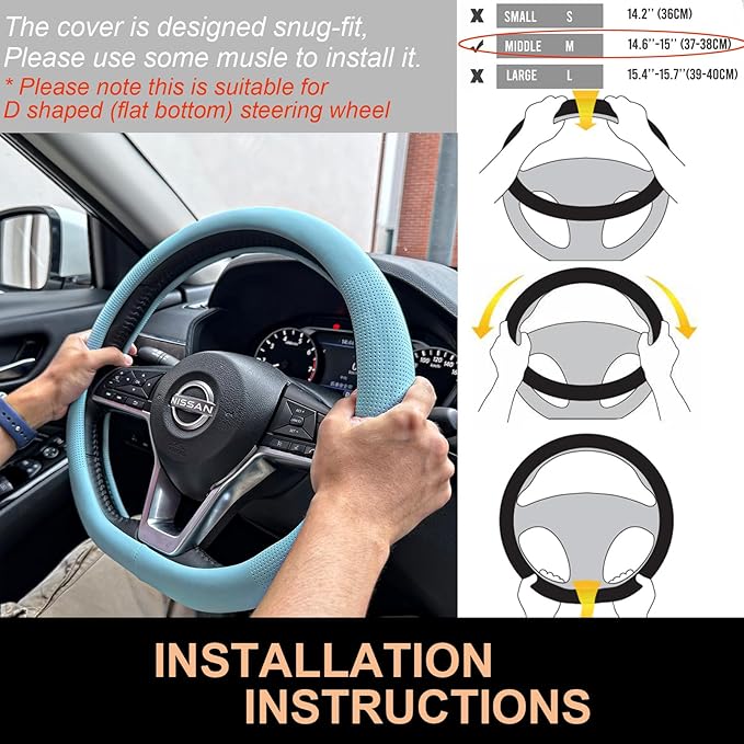 PINCTROT D Shaped Nappa Leather Steering Wheel Cover, Slim Fit No Bulk Design, One Piece Leather with Breathable Perforation, Fit Like Gloves, Flat Bottom 14.5-15 Inch(Nappa Aqua)