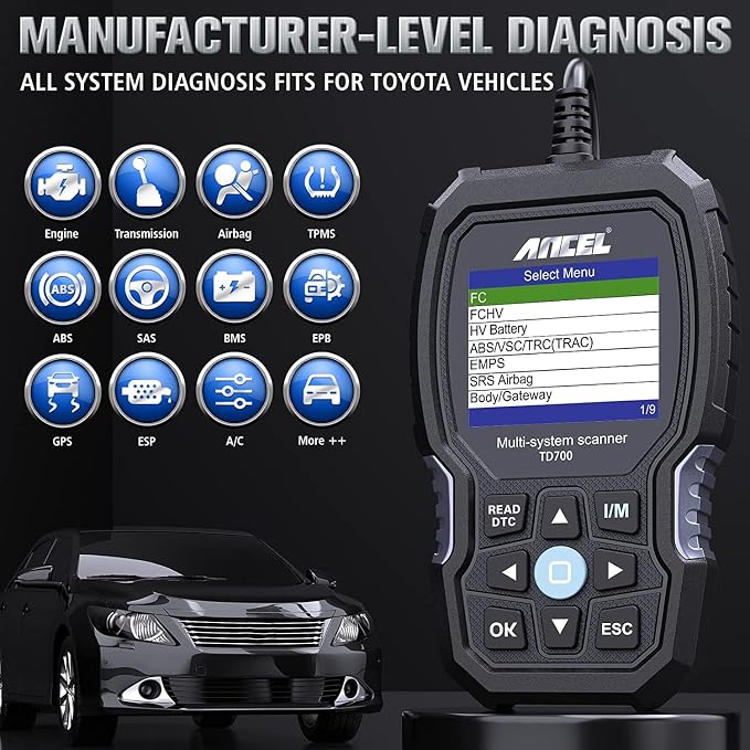 ANCEL TD700 All System OBD2 Scanner Fits for Toyota Lexus Scion with ANCEL Protective Case