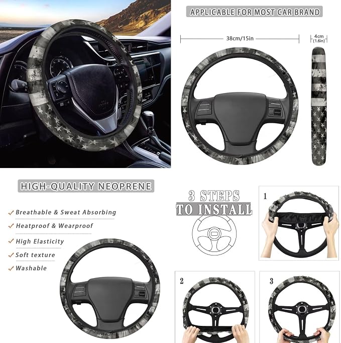 8 Pcs Retro American Flag Car Accessories Set, Car Seat Covers Full Set with Auto Steering Wheel Cover Center Console Pad Seat Belt Covers, Patriotic Decorations