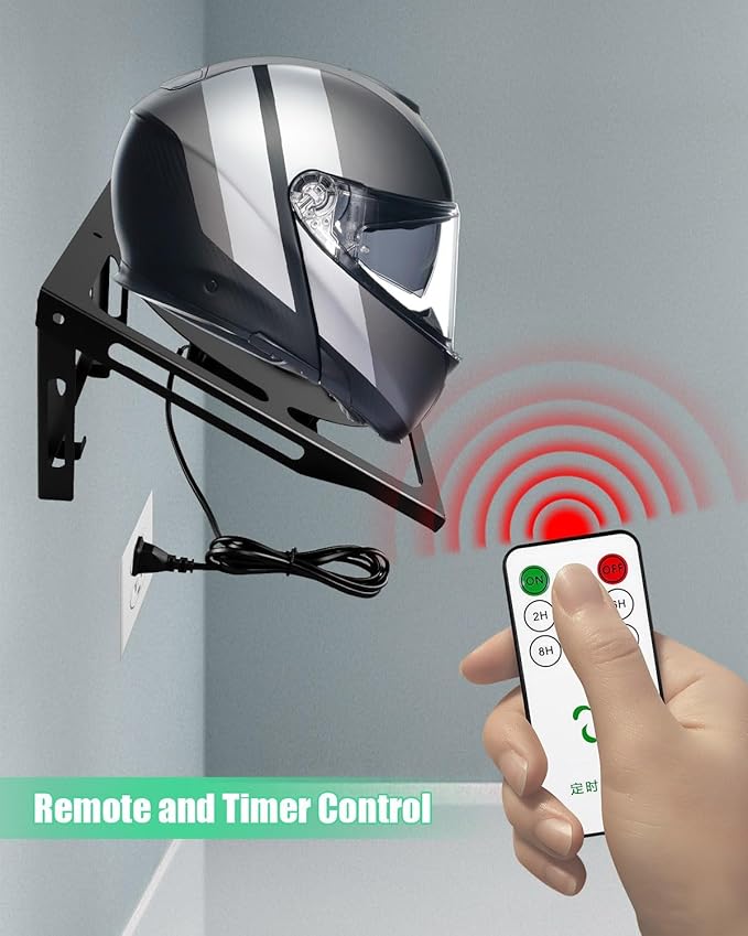Motorcycle Helmet Dryer Wall Mount with Timer and Remote Control, Double Hooks for Hanging Coats Gloves Motorcycle Accessories, Helmet Rack Suitable for Most Helmets