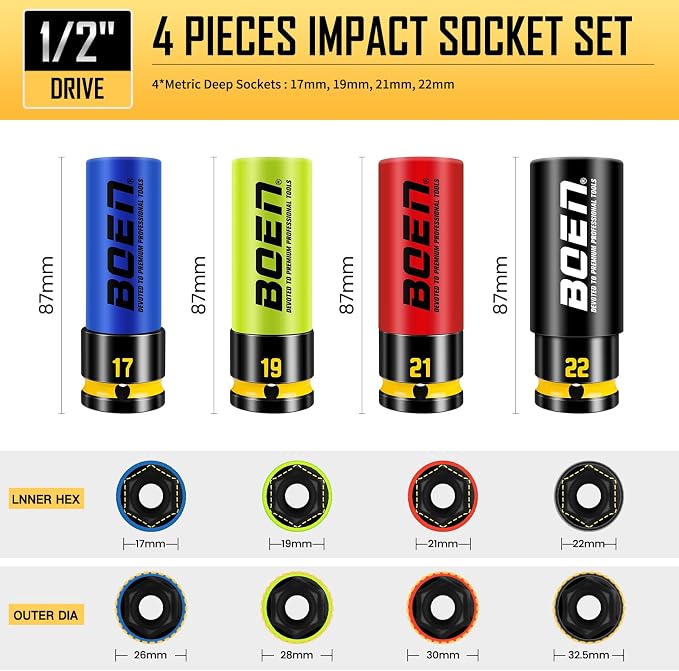 BOEN 8P Impact Socket Adapter & Reducer Set and 4P 1/2" Drive Impact Lug Nut Socket Set, Color-Coded and Embossed and Painted Marking, CR-MO Steel