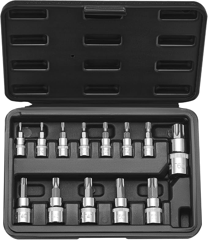 VEVOR Torx Bit Socket Set, 13-Piece Star T8 - T60 Set, S2 Alloy Steel and Cr-V Steel, 1/4 in, 3/8 in, and 1/2 in Drives, with Enhanced Storage Case, Torx Sockets for Hand Use, Mechanics, Auto Repair